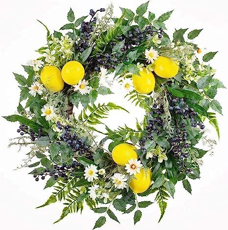 WANNA-CUL 18 Inch Spring Farmhouse Fruit Wreath with Artificial Lemons for Front Door with Bluebe... | Amazon (US)
