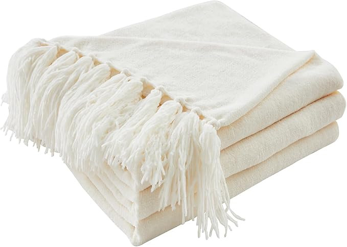 CozeCube Chenille Throw Blanket for Couch, Cozy Plush Fuzzy Decorative Cream White Blanket with F... | Amazon (US)