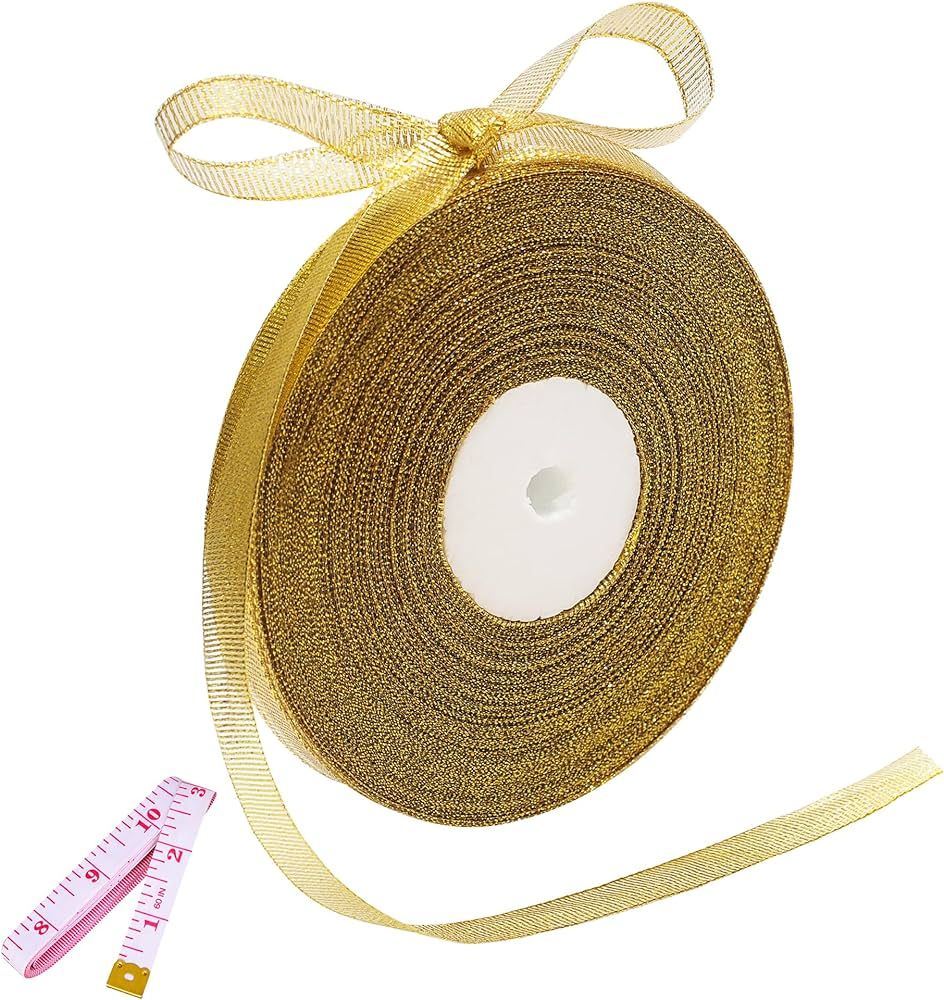 Amazon.com: 50 Yards Gold Glitter Ribbon 3/8 Inch, Sparkly Thin Solid Fabric Ribbon for Gift Wrap... | Amazon (US)