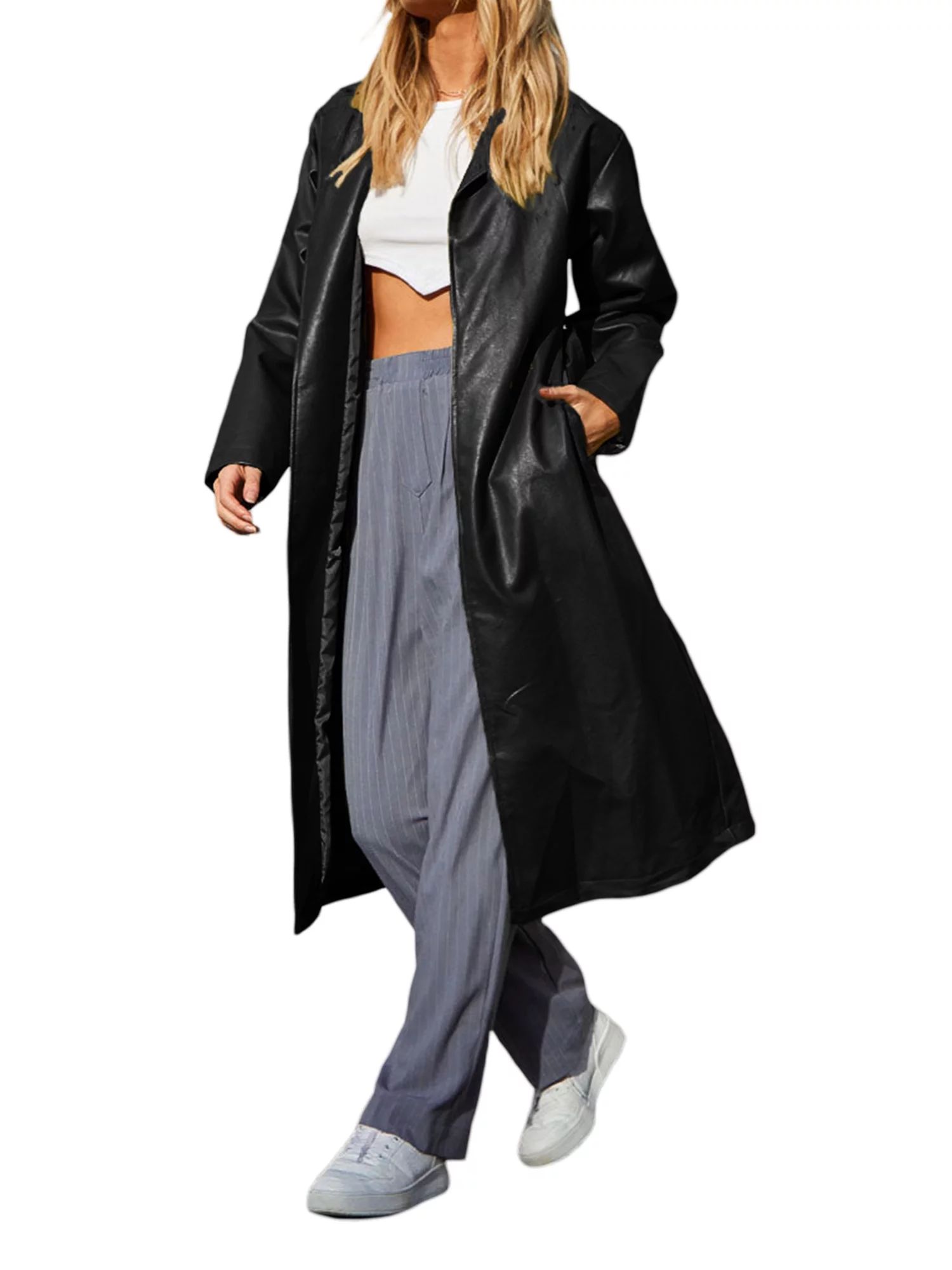 Women Faux Leather Jacket Vintage Long Sleeve Lapel Long Trench Coat Boyfriend PU Jacket with Bel... | Walmart (US)