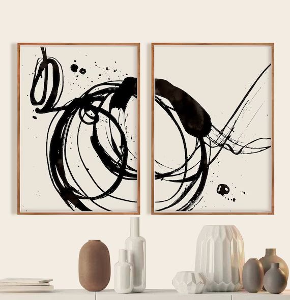 Abstract Art Print Set, Set of 2 Prints, Black and Beige Printable Abstract, instant download, Mi... | Etsy ROW