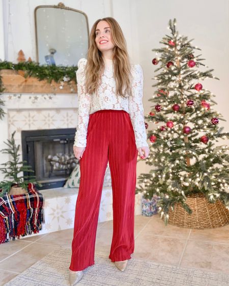Red wide leg pants. Abercrombie outfit. Holiday outfit. Christmas outfit. Lace blouse. Christmas party outfit.

Wearing normal small regular in pants (I’m 5’3 and usually a 2/4) 

#LTKSeasonal #LTKxAF #LTKHoliday