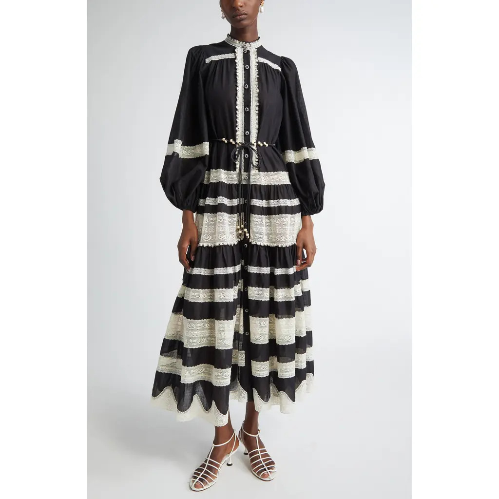 Zimmermann Rhiannon Lace Stripe Long Sleeve Billow Midi Shirtdress in Black/Cream at Nordstrom, Size 2 | Nordstrom