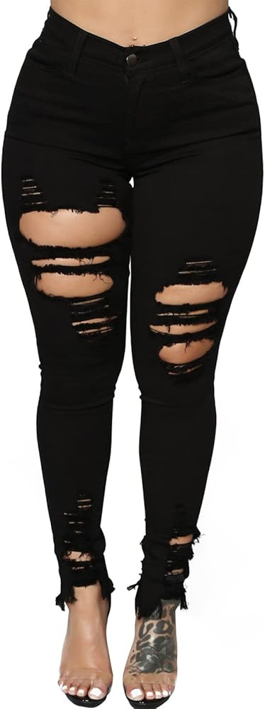 TodTan Women's Skinny Jeans Ripped Mid Rise Stretch Destroyed Denim Pants Jeans | Amazon (US)