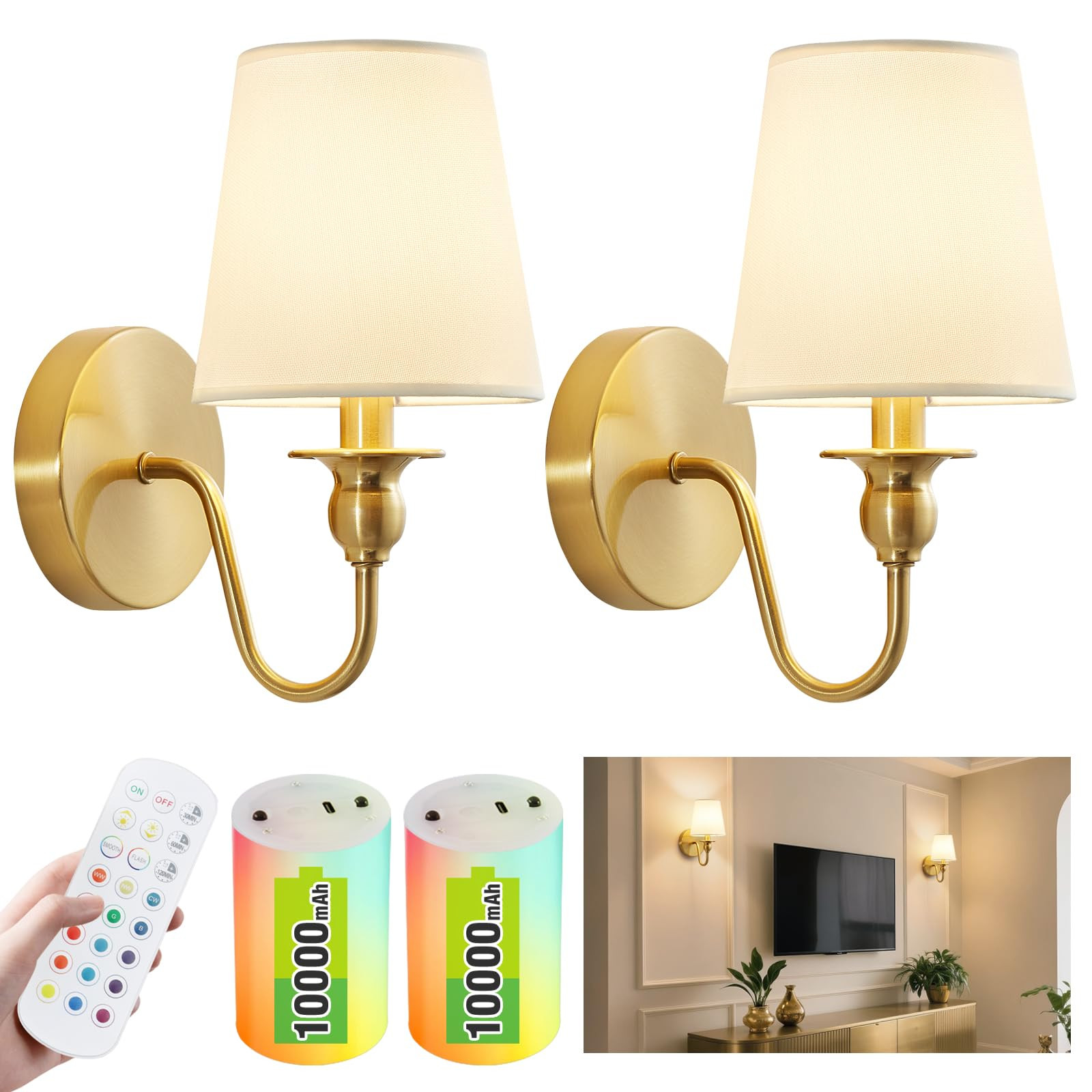 Battery Operated Wall Sconce Set of 2,Wireless Wall Sconces with 10000 mAh,RGB Rechargeable Sconc... | Amazon (US)