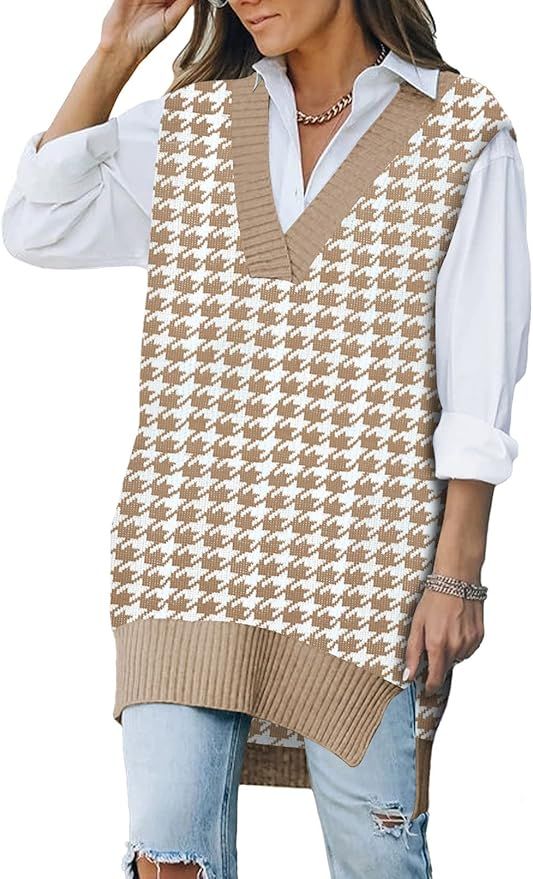 Viottiset Women's Oversized Houndstooth Sweater Vest Knit Sleeveless V Neck Pullover Tunic Top Kh... | Amazon (US)