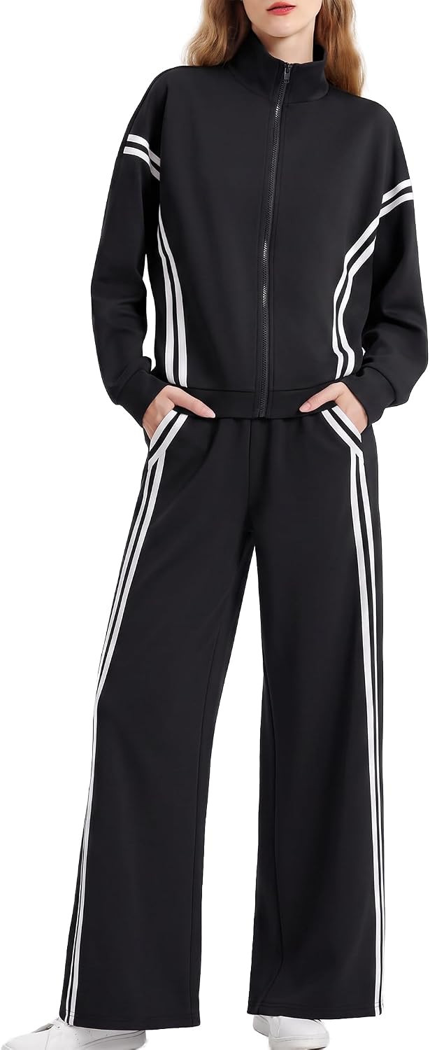 Women's 2 Piece Lounge Sets Zip Up Sweat Set Striped Tracksuit | Amazon (US)