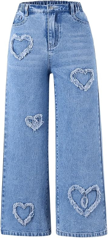 SHENHE Girl's Y2K Heart Applique Elastic High Waist Jeans Wide Leg Loose Denim Pants | Amazon (US)