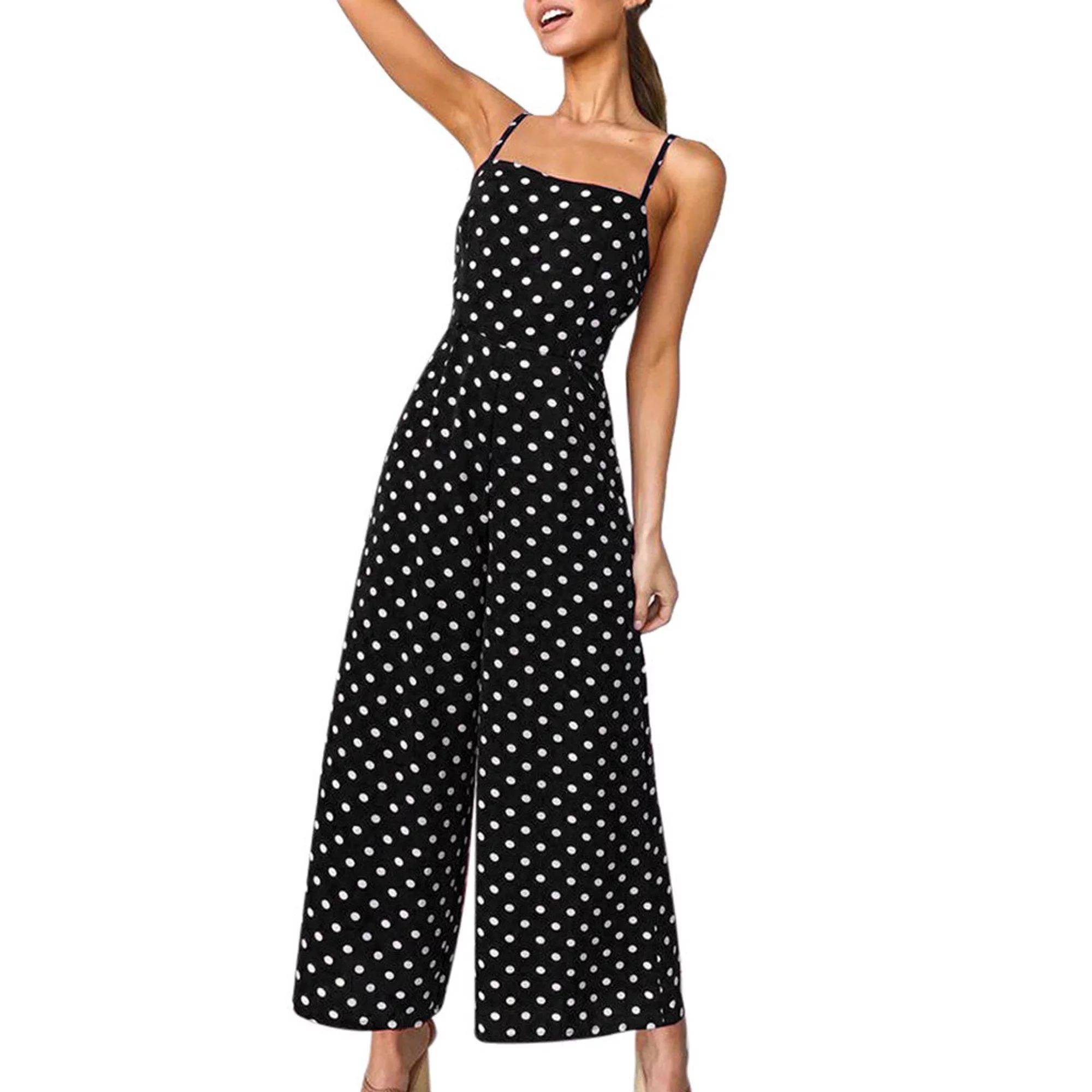 SUNSIOM Women Polka Dot Wide Leg Long Jumpsuit Spaghetti Strappy Backless Bowknot Playsuit | Walmart (US)