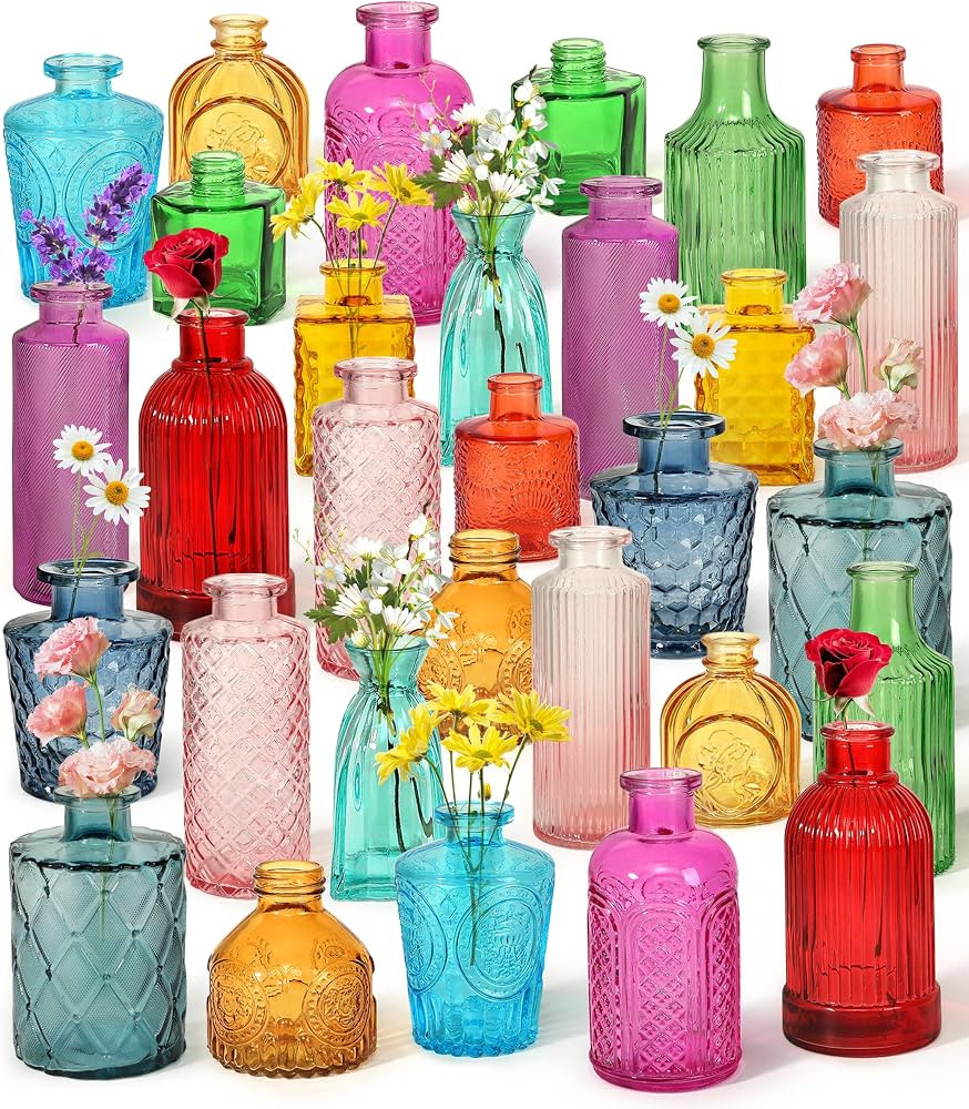 Set of 30 Colorful Glass Bud Vases - Small Textured Flower Vases for Centerpieces, Wedding Table ... | Amazon (US)