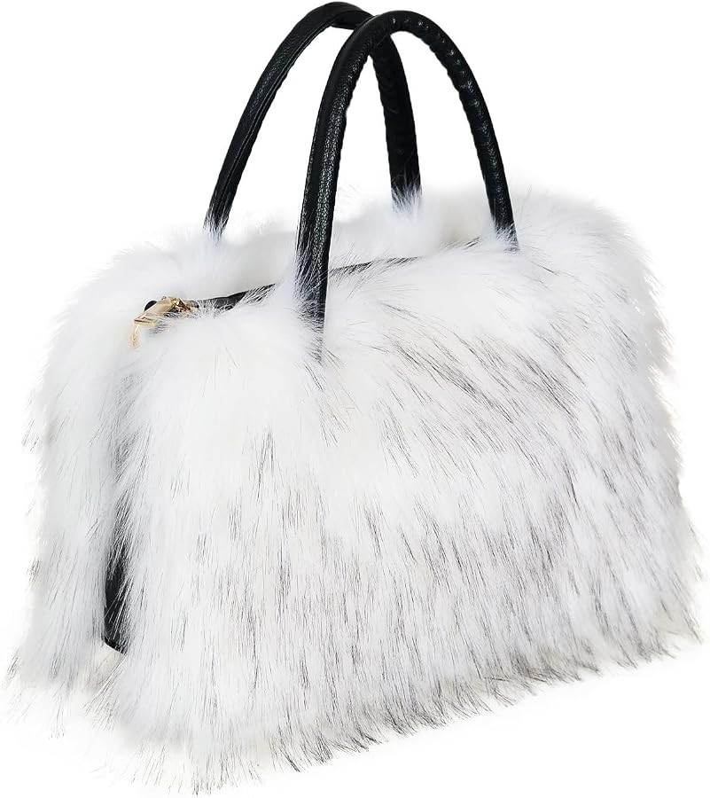 Women's Faux Fur Crossbody Tote Bag, Black, Leather Handle | Amazon (US)