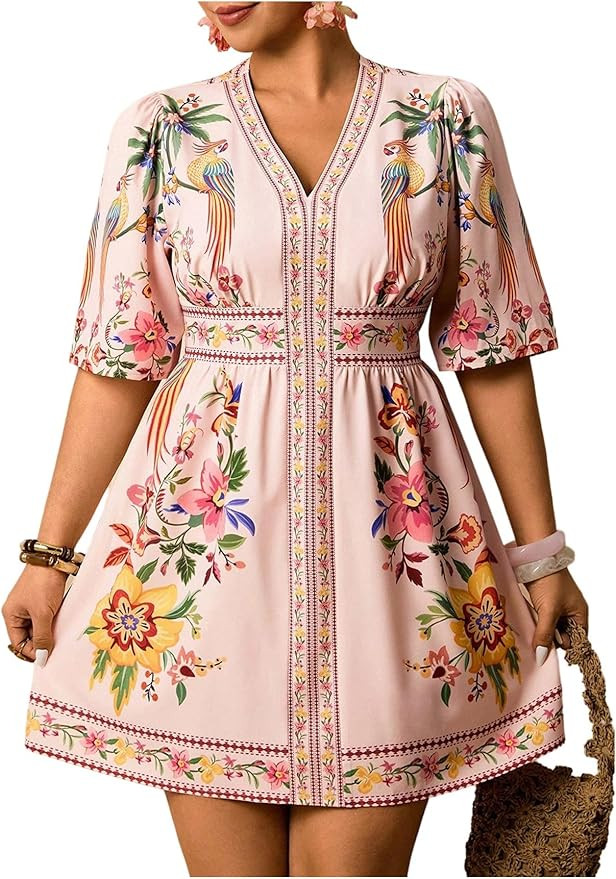 Floerns Women's Plus Size Tropical Animal Beach Dress V Neck Short Sleeve A Line Vacation Dresses | Amazon (US)