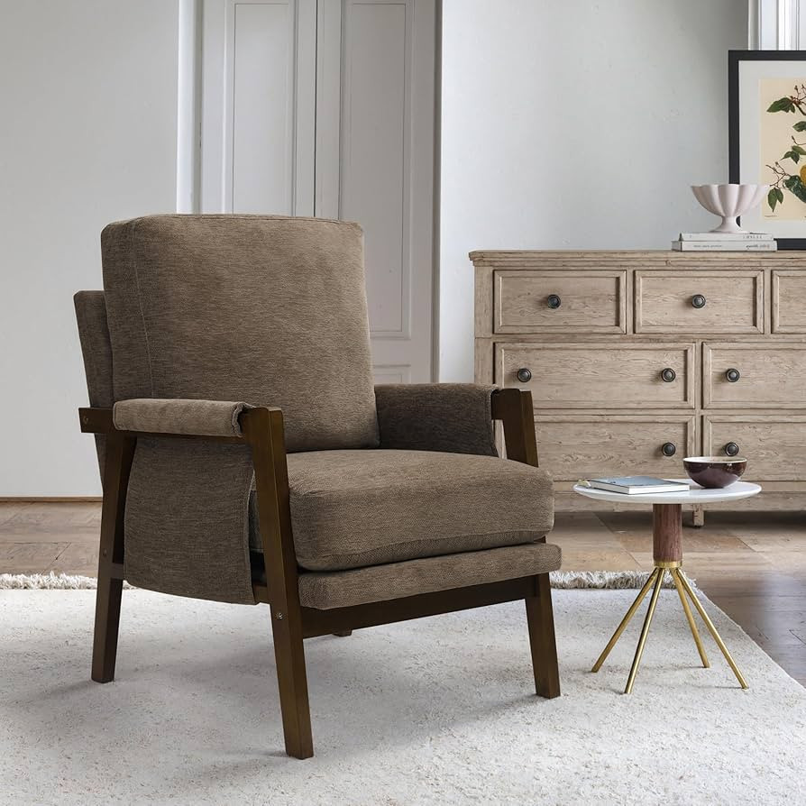 RNKSFX Dark Brown Accent Chair for Bedroom & Living Room, Mid Century Modern Accent Arm Chair, Upholstered Anthropologie Accent Chair with Solid Wood Frame, Fabric | Amazon (US)