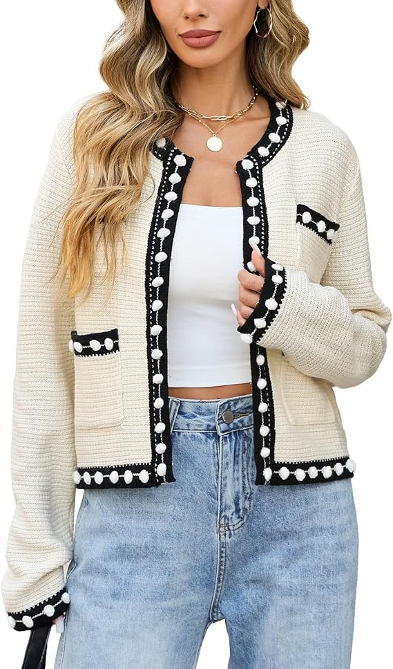 Women's Color Block Cardigan Open Front Jackie O Sweater Casual Long Sleeve Button Down Chunky Kn... | Amazon (US)