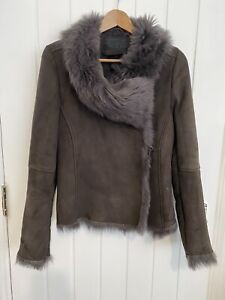 AllSaints Suede Jacket Size UK 12 Women's Brown Fur Lined Coat | eBay US
