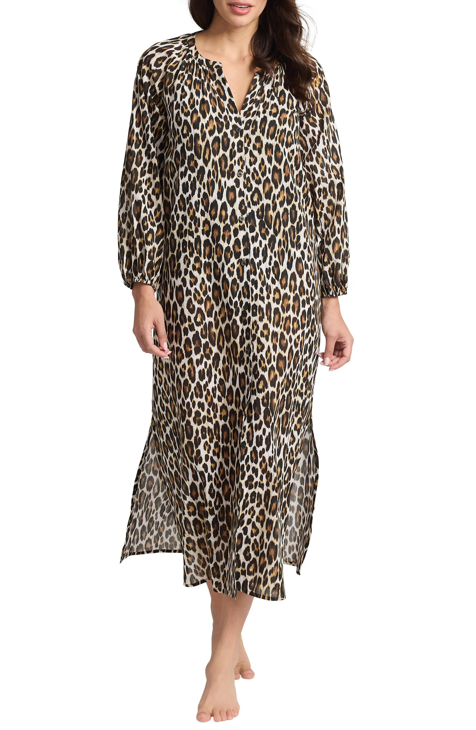 Tommy Bahama Leopard Long Sleeve Cotton Cover-Up Midi Dress | Nordstrom | Nordstrom