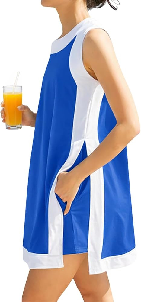 2026 Summer Dress with Side Slit and Shorts, Long/Short Women 2 Piece Casual Color Block Crewneck... | Amazon (US)