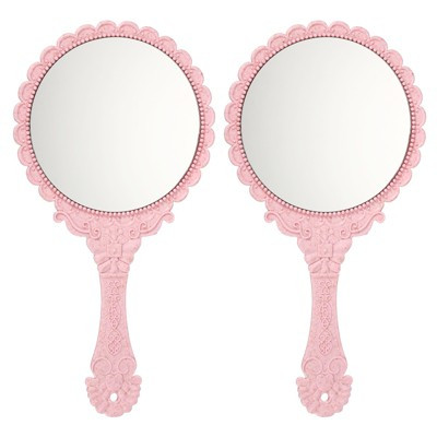 Unique Bargains Round Embossed Design Portable Vintage Makeup Hand Held Mirror Beige Pink 2 Pcs | Target