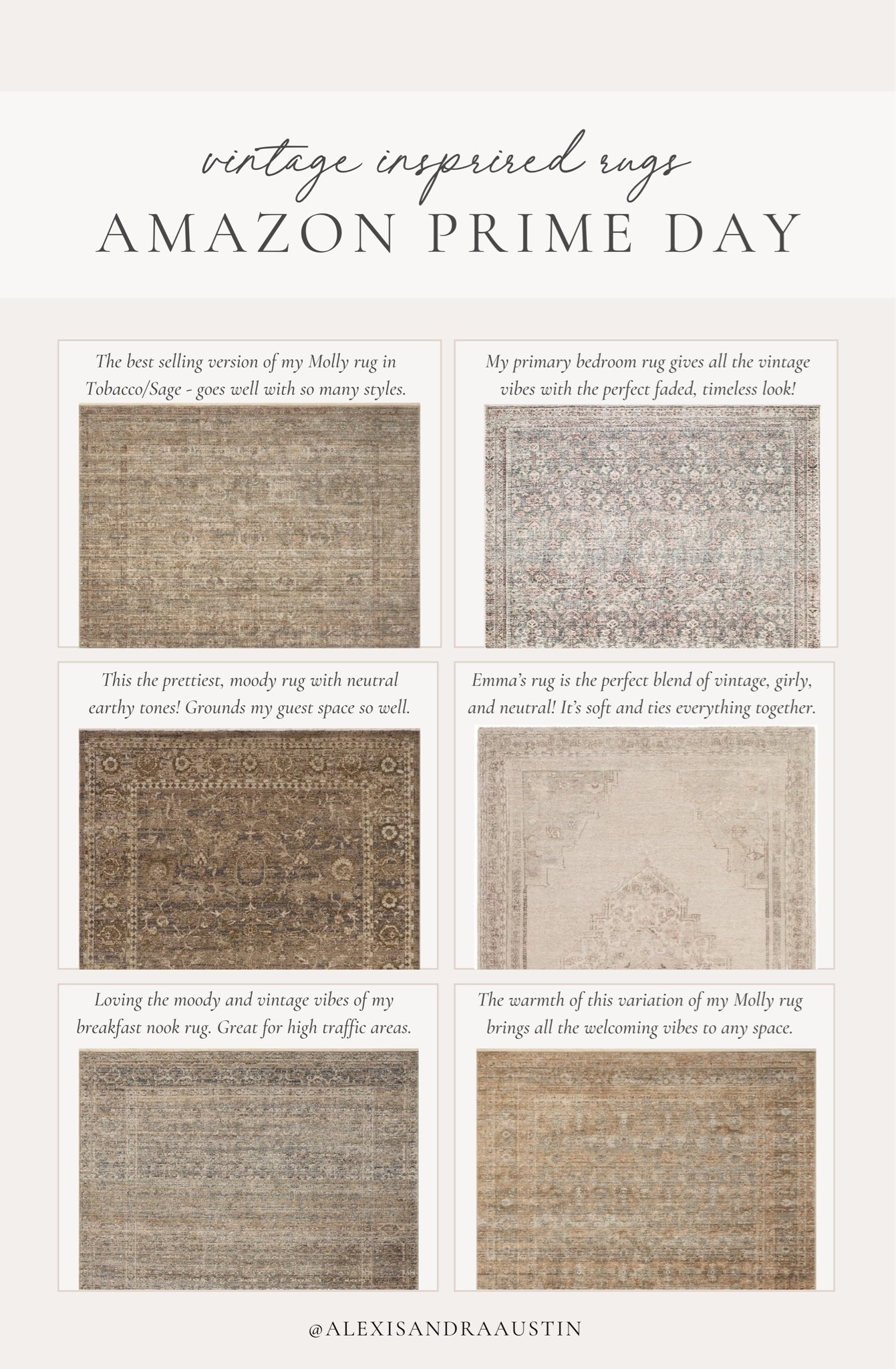 Vintage inspired area rugs around my home for Amazon Prime Day. I love the vintage, timeless feel of these rugs that have transitioned through each season effortlessly and with any style.

Home finds, neutral home inspo, deal of the day, sale alert, vintage inspired rug, Amazon Prime Day, living room refresh, bedroom refresh, Amber Lewis, Loloi, Galey Alix, summer refresh, neutral area rug, moody area rug, light and bright, collected style, timeless home inspo, shop the look!

#LTKSeasonal #LTKHome #LTKSaleAlert