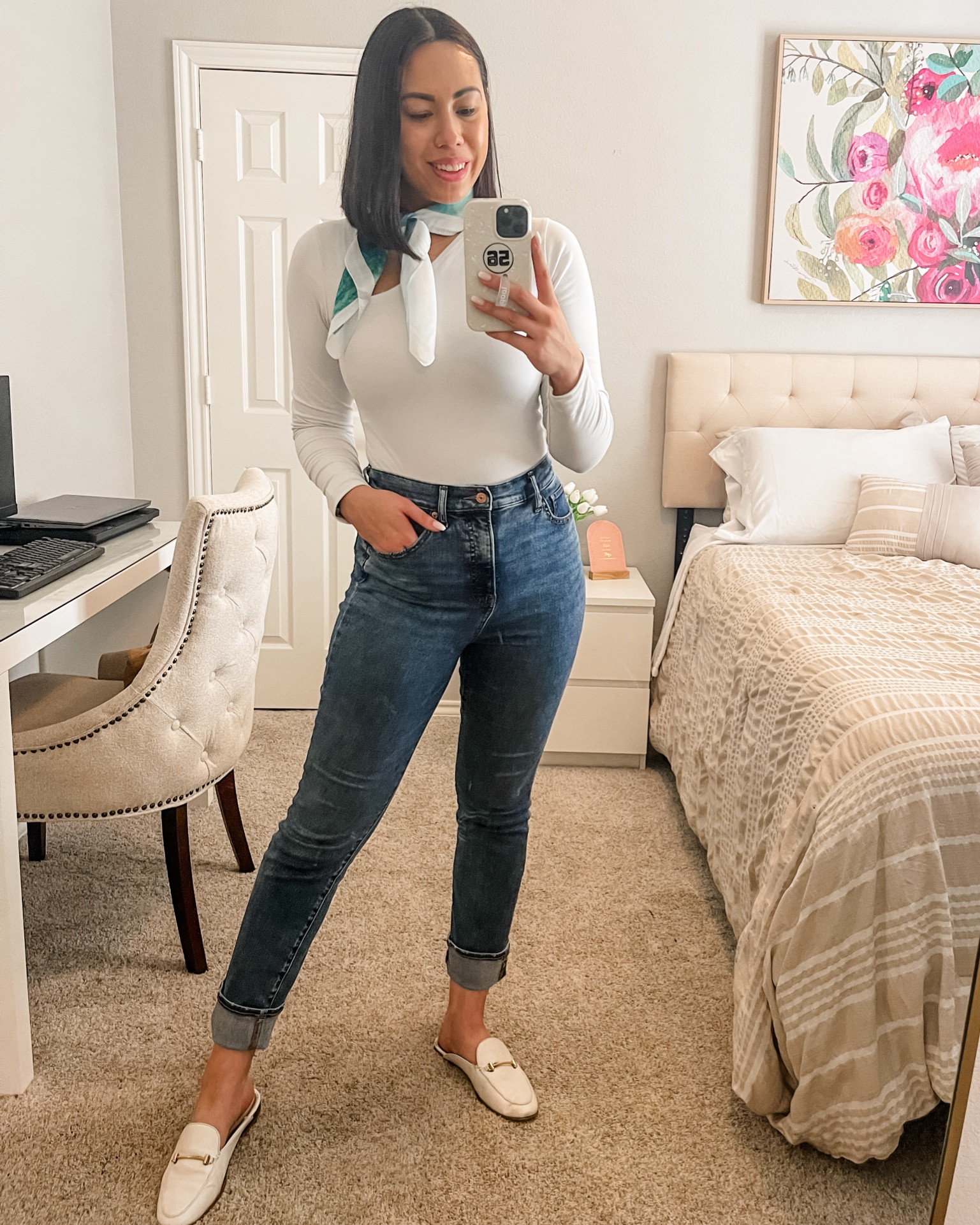 Silk scarves might just be my new favorite accessory! They add the perfect feminine and timeless touch to any outfit!

- Long Sleeve Bodysuit: Sold Out
- Medium Wash Slim Jeans: Size 6
- White Mules: Size 8 1/2 - Sized Up 1/2 Size 

#LTKfindsunder50 #LTKSeasonal #LTKstyletip