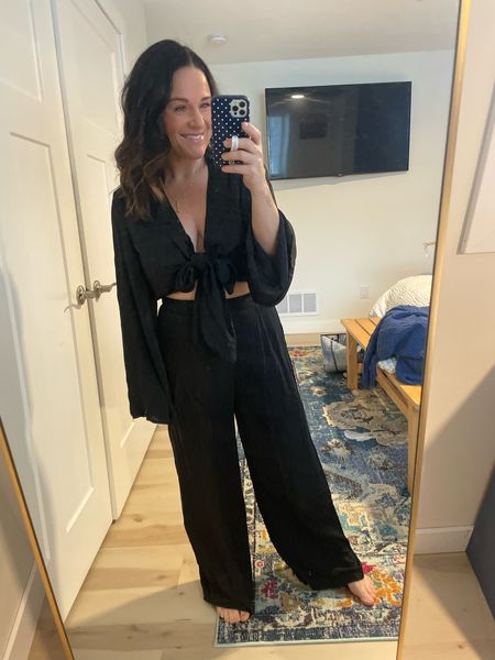 Cutest black jumpsuit! Perfect for girls’ trips or date night out! Top unties and comes off to make bathroom trips easy. Soft satin type material. 

#LTKfindsunder100 #LTKsalealert #LTKover40