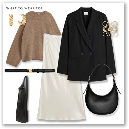A chic spring look perfect for the office or a smarter occasion 🫶 pairing a cream satin midi skirt with a beige arket knit, black H&M blazer, ballet pumps, Loewe broach and gold accessories 🫶 

#LTKSeasonal #LTKeurope #LTKstyletip