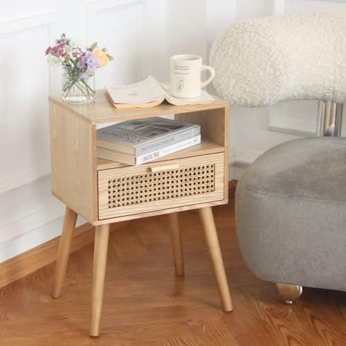 MaxSmeo Modern Nightstand Rattan Side Table with Storage, Farmhouse End Table for Living Room, Bedro | Amazon (US)