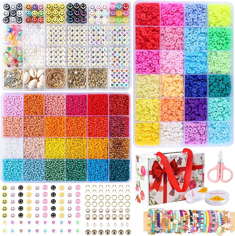 SJZWSD Friendship Bracelet Kit - 13000pcs Polymer Clay & Glass Seed Beads, 48 Colors, 6mm Heishi & 4 | Amazon (US)