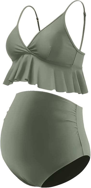 Bhome Maternity Bikini Set Two Pieces Pregnancy Swimsuit Bathing Suits High WaistedRuffle Summer Swi | Amazon (US)