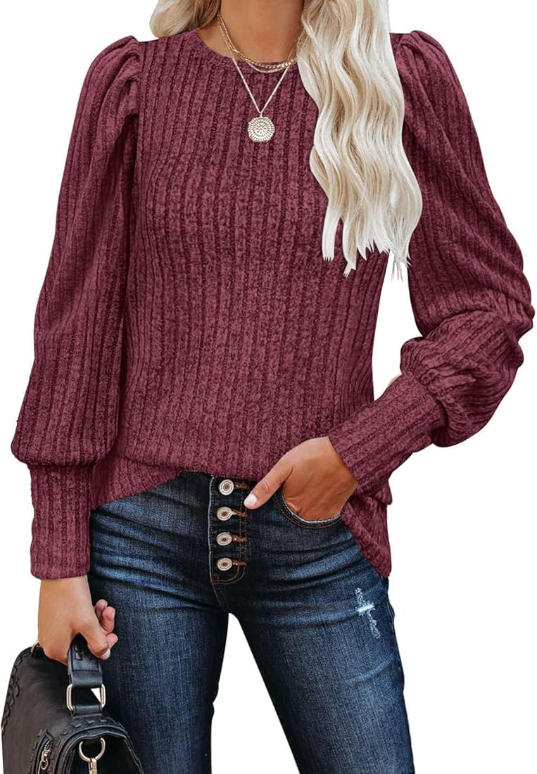 MIHOLL Women's Puff Long Sleeve Shirts Casual Knit Blouses Crew Neck Elegant Tunic Tops | Amazon (US)