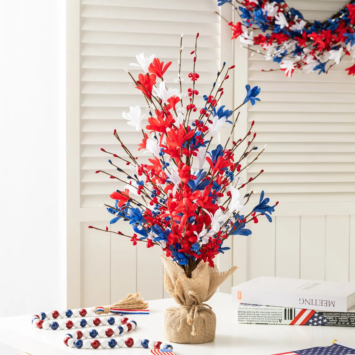 21" Patriotic Americana Red, White & Blue Floral Table Tree – Independence Day Decor | Wayfair North America