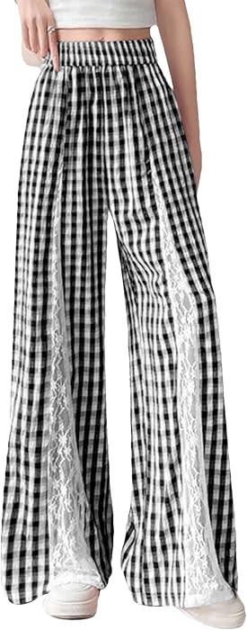 Gingham Lace Pants for Women Lightweight Wide Leg Plaid Pants | Amazon (US)