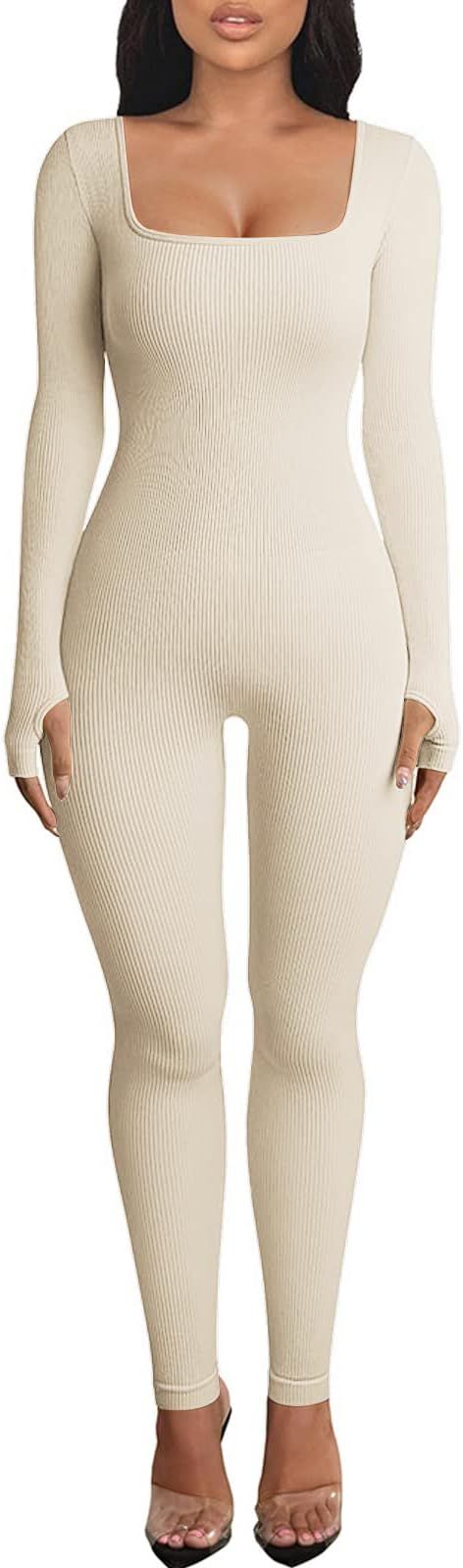 OEAK Womens Ribbed Jumpsuit with Tummy Control Long Sleeve Unitard Casual Yoga Rompers High Waist... | Amazon (US)