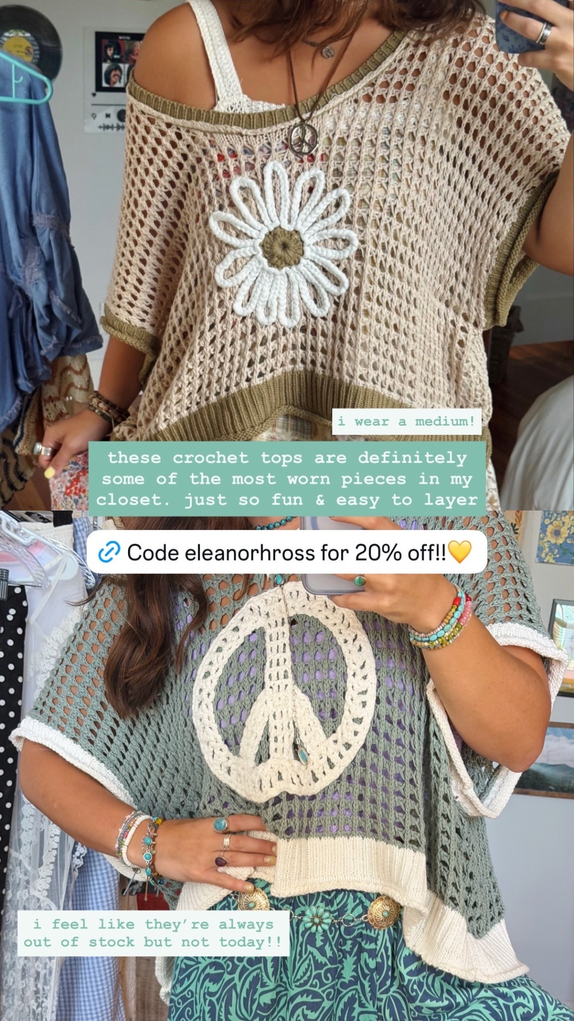 @threebirdnest  these crochet tops are definitely some of the most worn pieces in my closet. just so fun & easy to layer i feel like they’re always out of stock but not today!! i wear a medium!