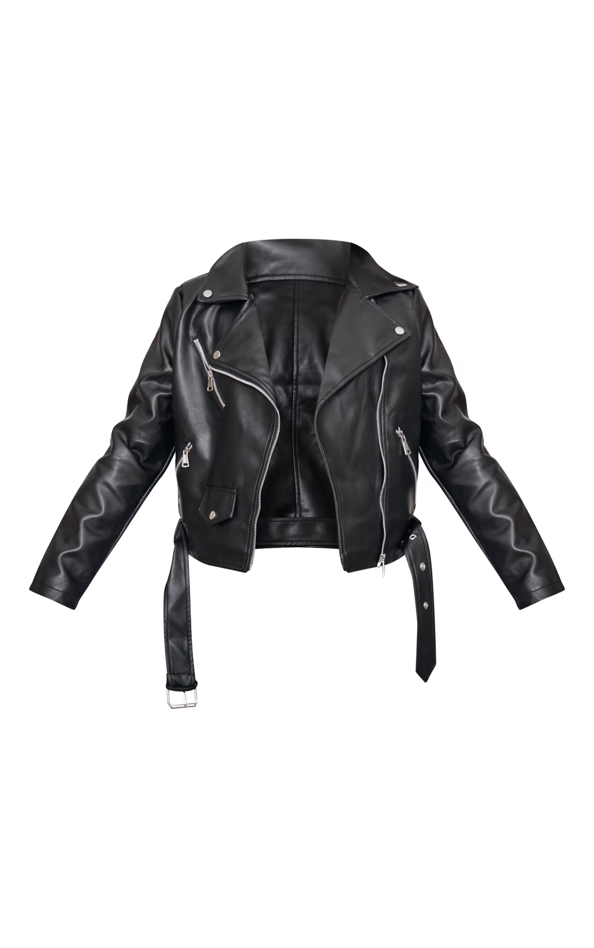 Black Faux Leather Regular Fit Belted Biker Jacket | PrettyLittleThing US