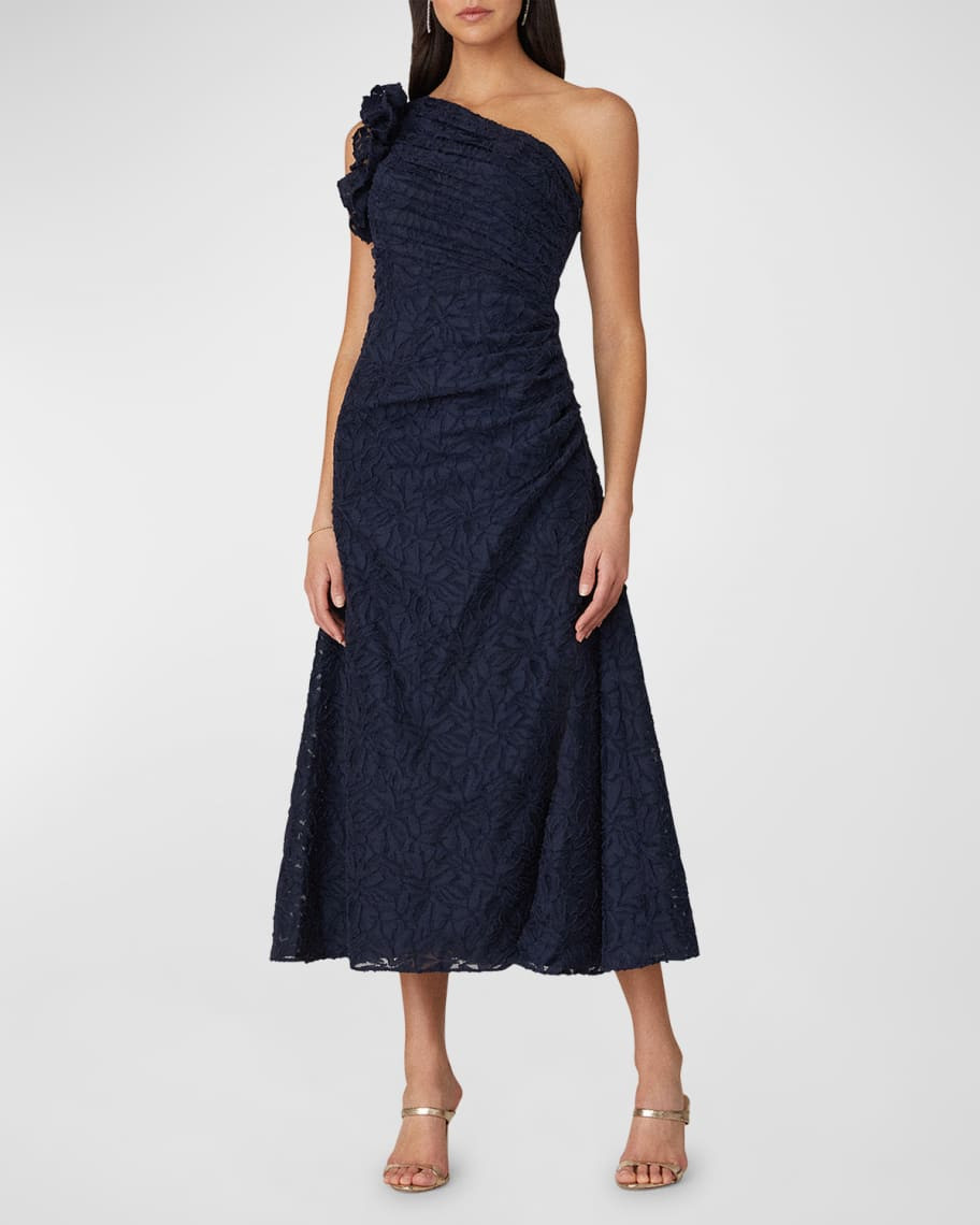 Shoshanna Pleated Burnout One-Shoulder Midi Dress | Neiman Marcus