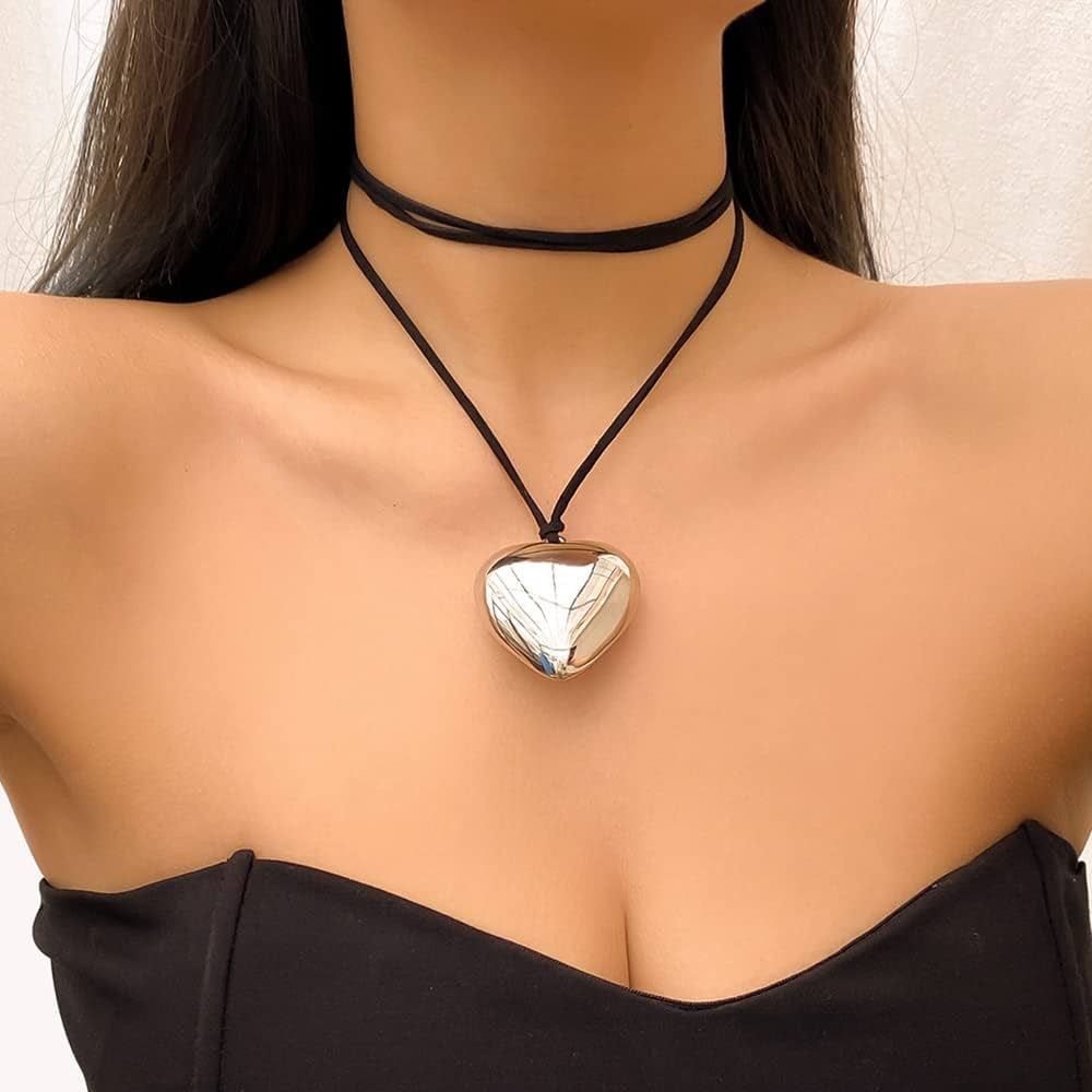 Wiwpar Boho Black Choker Necklaces for Women Teen Girls Silver Heart Pendent Long Chain Classic G... | Amazon (US)