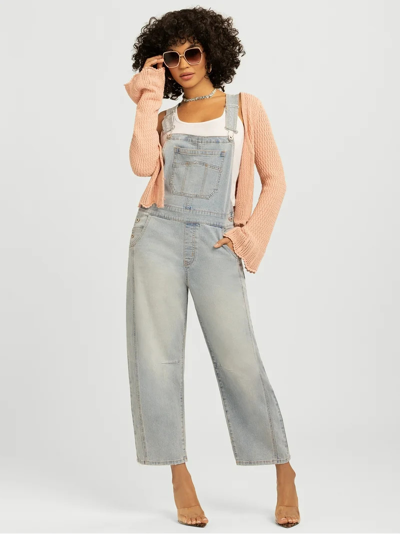 Jessica Simpson Women's Cropped Barrel Leg Denim Overalls, 26" Inseam, Size XS-XL | Walmart (US)