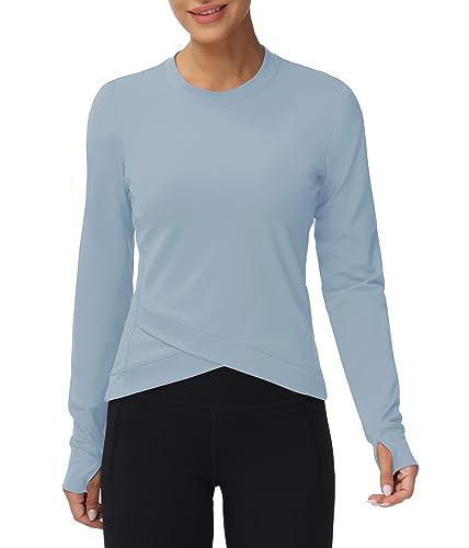 Women's Long Sleeve Compression Shirts Workout Tops Cross Hem Athletic Running Yoga T-Shirts with Thumb Hole Denim Blue | Amazon (US)