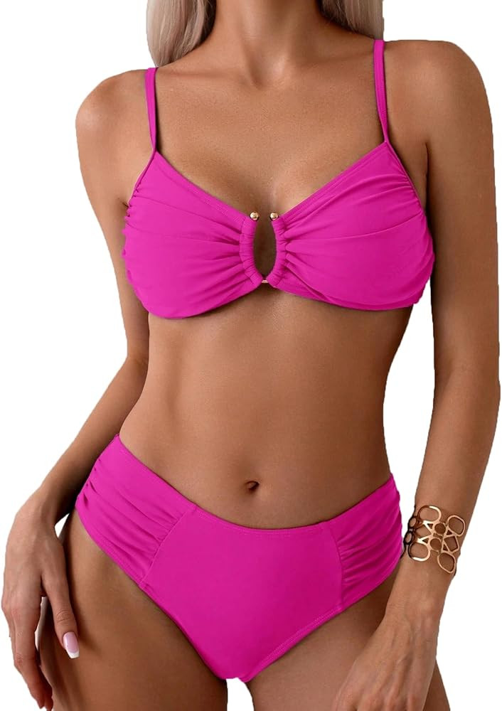 Fanuerg Women's Ruched Bikini Sets U-Wire Linked Two Piece Swimsuit Mid Waist 2025 Swim Bathing S... | Amazon (US)