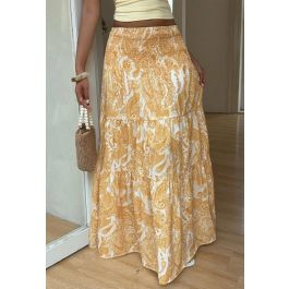 Paisley Print Shirred Waist Tiered Maxi Skirt in Yellow for Beach Getaways & Casual Brunches | Chicwish