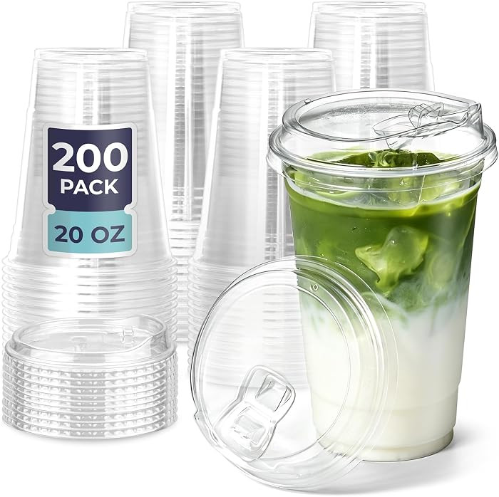 Fit Meal Prep 200 Pack 20 oz Clear Plastic Cups with Strawless Sip Lids, Disposable Plastic Coffe... | Amazon (US)