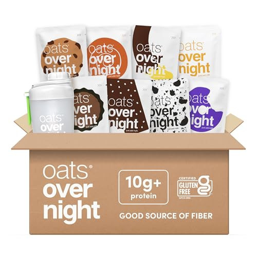 Oats Overnight Dessert Variety Pack - High Protein, High Fiber Breakfast Protein Shake - Gluten Free, Non GMO Protein Oatmeal - Salted Toffee, Chocolate Satin Pie & More (8 Pack + Shaker Bottle) | Amazon (US)