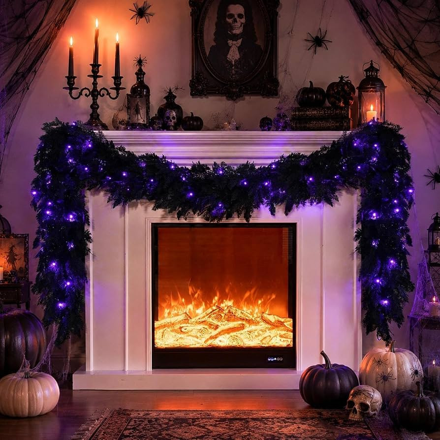 Pre-Lit Halloween Garland 9FT Decorations Black Real Touch Cedar Cypress Pine Plant Artificial Ha... | Amazon (US)