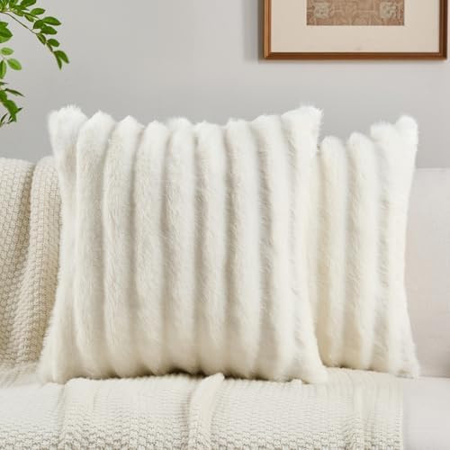 FUTEI Cream White Decorative Throw Pillow Covers 18x18 Inch Set of 2,Soft Fluffy Faux Mink Fur Dy... | Amazon (US)