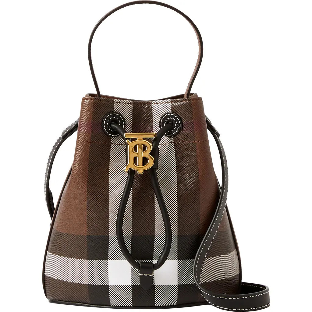 burberry Mini Check Coated Canvas & Leather Bucket Bag in Dark Birch Brown at Nordstrom | Nordstrom