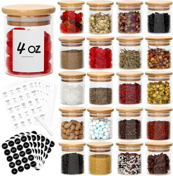 JuneHeart 4OZ Glass Spice Jars Set with Bamboo Lids and 333 Labels, 20 Pcs Clear Food Storage Con... | Amazon (US)