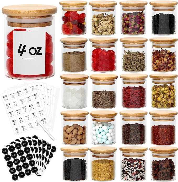JuneHeart 4OZ Glass Spice Jars Set with Bamboo Lids and 333 Labels, 20 Pcs Clear Food Storage Con... | Amazon (US)