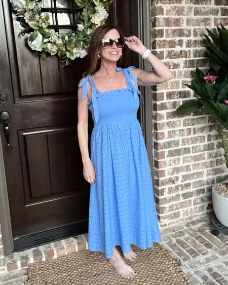 Eyelet midi dress that’s perfect for spring and summer. Comes in 3 colors. I’m wearing a size medium .

#LTKSeasonal #LTKstyletip #LTKsalealert