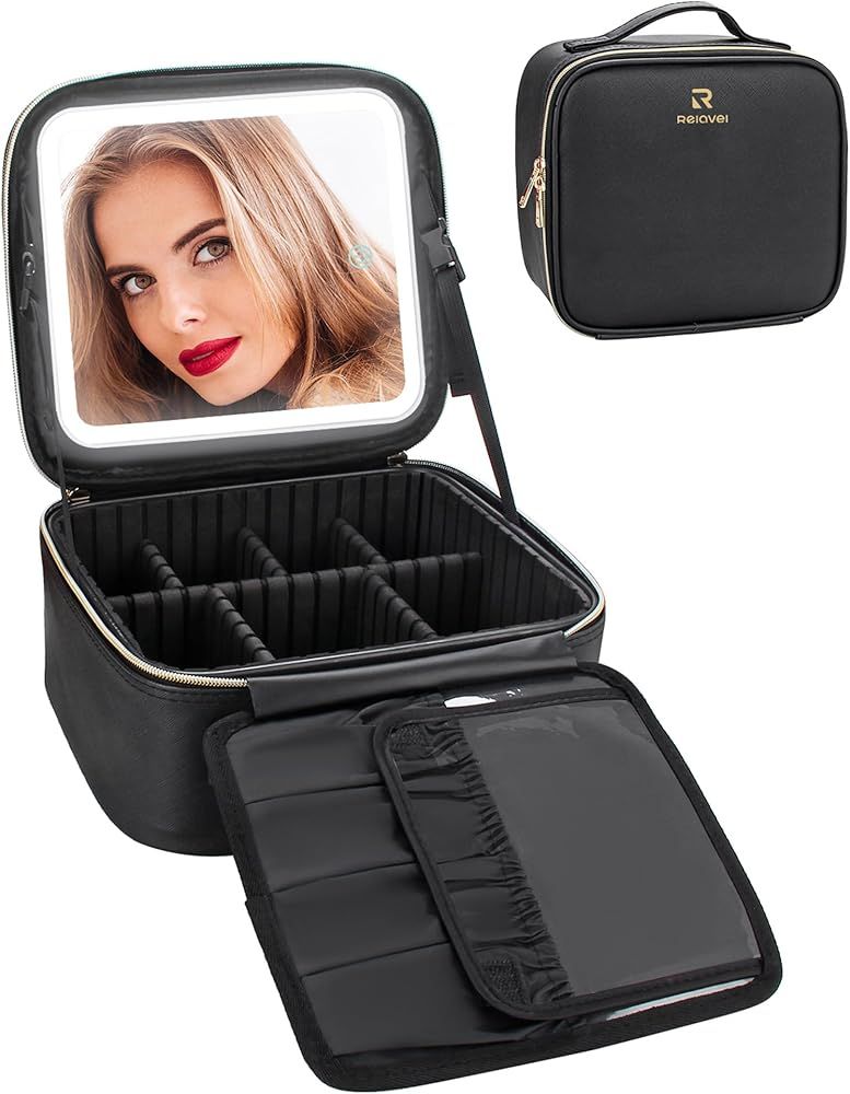 Relavel Makeup Bag with Light Up Mirror, Makeup Case Travel Cosmetic Bags Brush Organizer Storage... | Amazon (US)